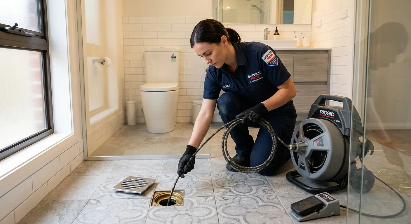 Technician clearing a bathroom floor drain for Hydro Jetting in Apache Junction
